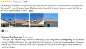 Screenshot of a 5-star Google review from a homeowner’s son praising Home Pro Roofing and Solar for quality work after a bad experience with a previous contractor.